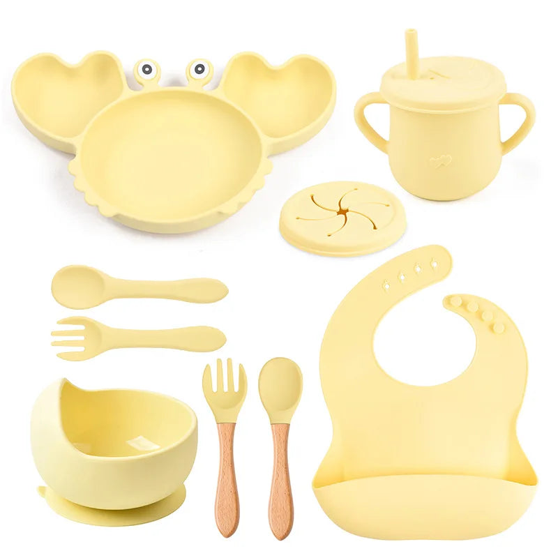 9Pcs Baby Silicone Non-Slip Suction Bowl Plate Spoon Waterproof Bib Cup Set Baby Crab Dishes Food Feeding Bowl for Kids BPA Free The Little Baby Brand The Little Baby Brand