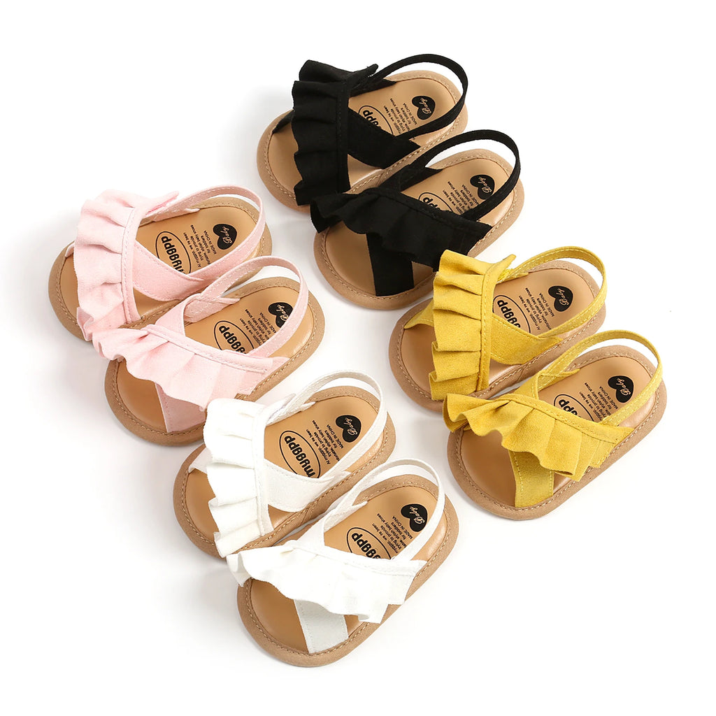 EWODOS Baby Girl Summer Sandals Cute Ruffle Flats Non-Slip Soft Sole Infant Babies Kids First Walkers Clogs Suede Sandals The Little Baby Brand The Little Baby Brand