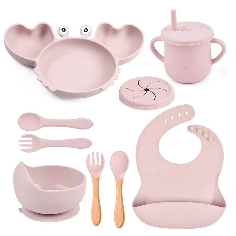 9Pcs Baby Silicone Non-Slip Suction Bowl Plate Spoon Waterproof Bib Cup Set Baby Crab Dishes Food Feeding Bowl for Kids BPA Free The Little Baby Brand The Little Baby Brand