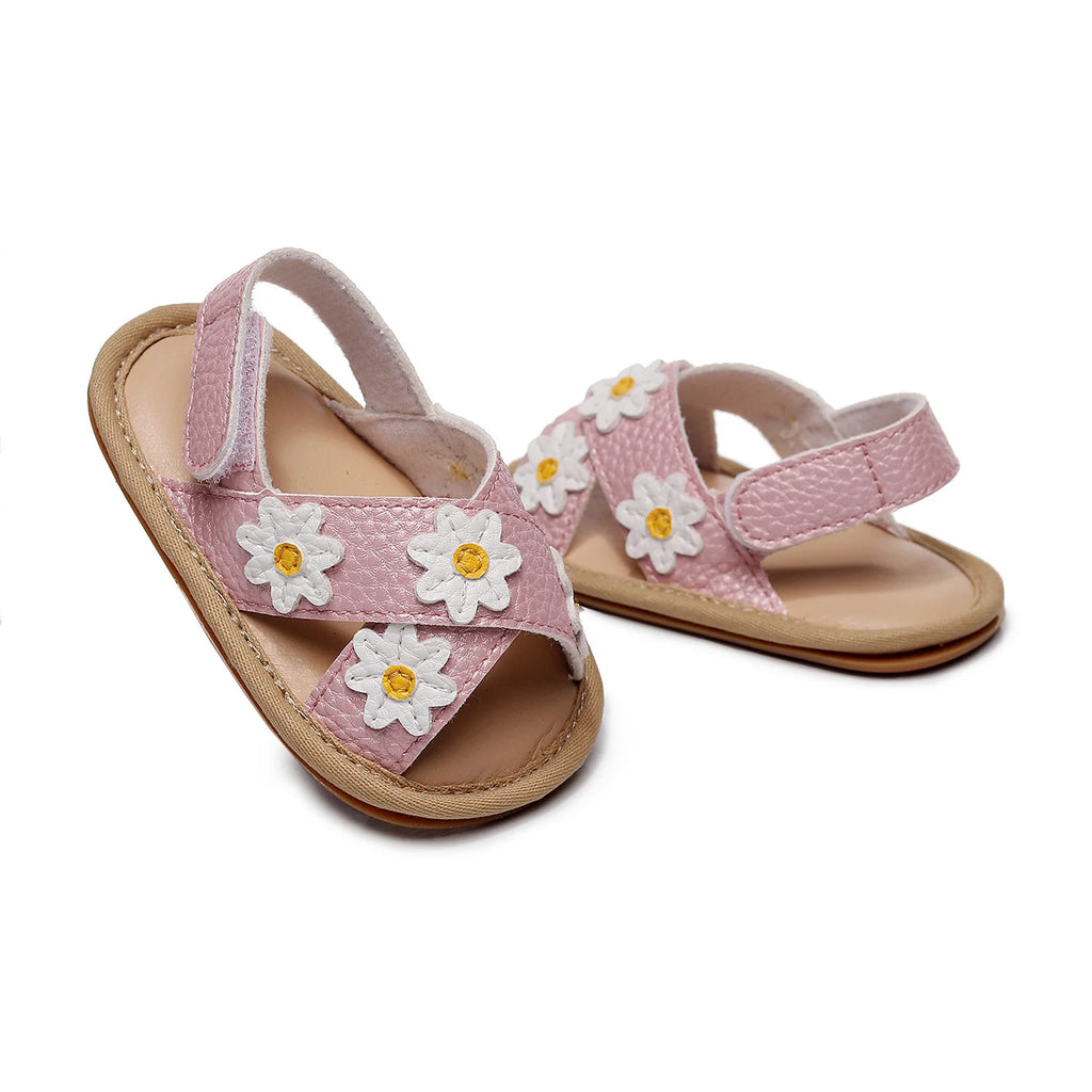 Baby Girls Anti-slip Flat Shoes, Floral Applique Pattern Soft Sole Sandals, White/ Golden/ Pink The Little Baby Brand The Little Baby Brand