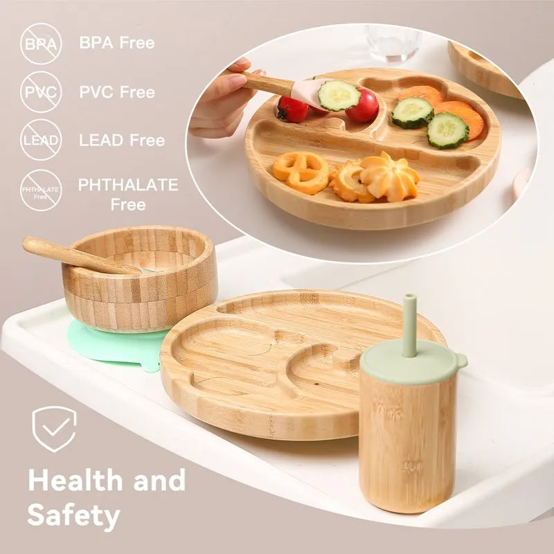 Wooden Dinner Plate Feeding Supplies Bamboo Baby Tableware Silicone Suction Plate Bowl BPA Free Baby Stuff Newborn Accessories The Little Baby Brand The Little Baby Brand