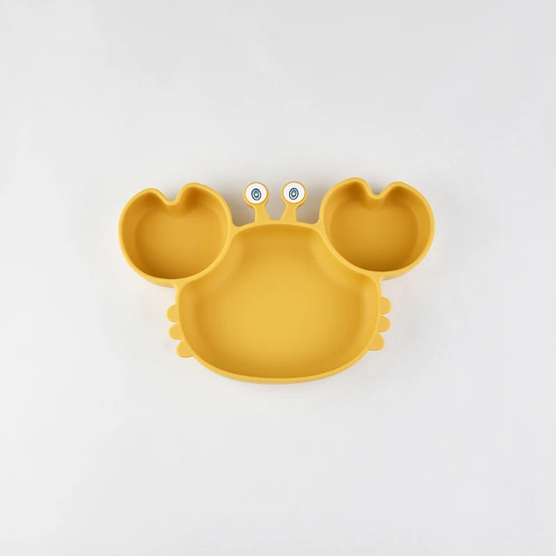 Baby Safe Silicone Dining Plate Suction Cartoon Children Dishes Feeding Toddler Training Tableware Kids Cartoon Crab 3-Grid Tray The Little Baby Brand The Little Baby Brand