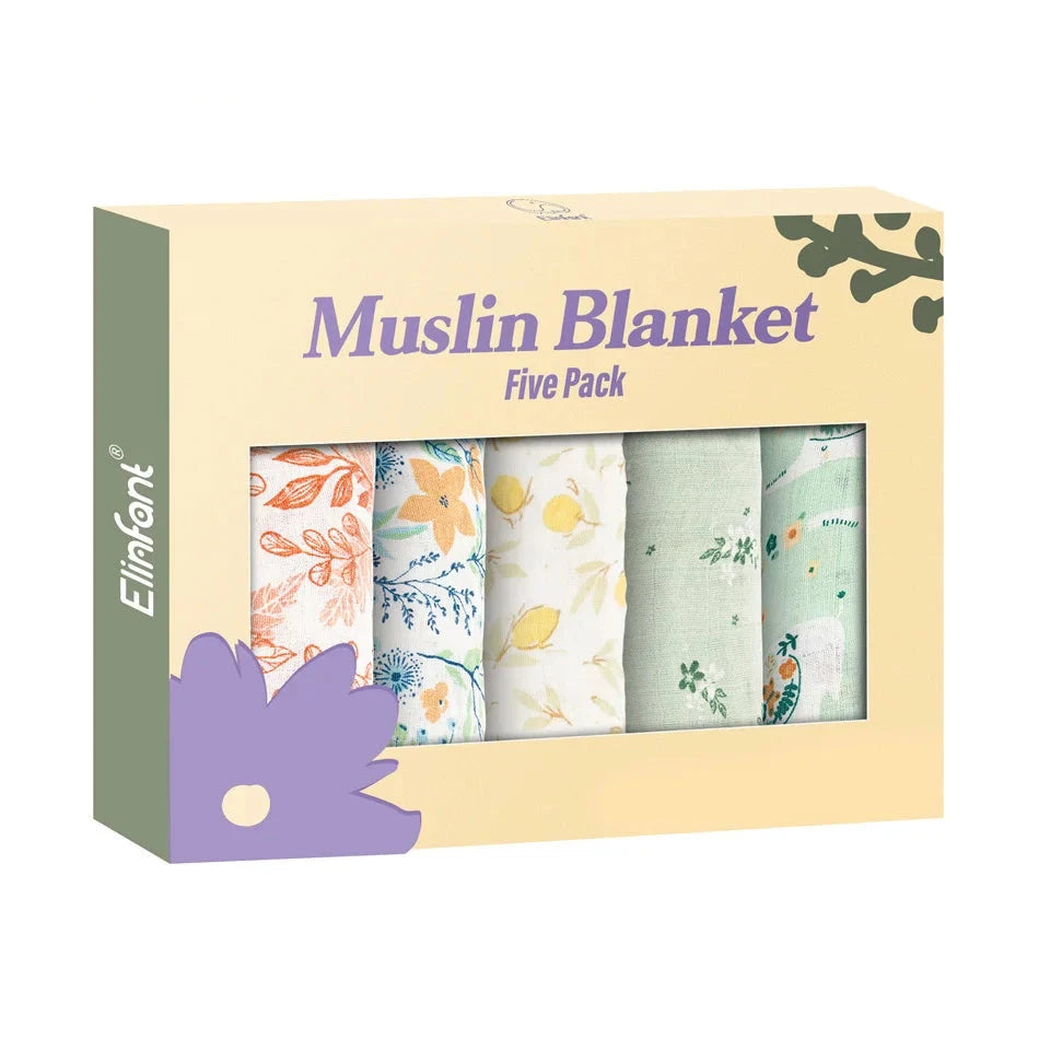 Elinfant 5pcs Gift Set Bamboo Cotton Muslin Bib Burp Cloth 100% Cotton 60*60cm 2 Layers Baby Scarf Handkerchief The Little Baby Brand The Little Baby Brand