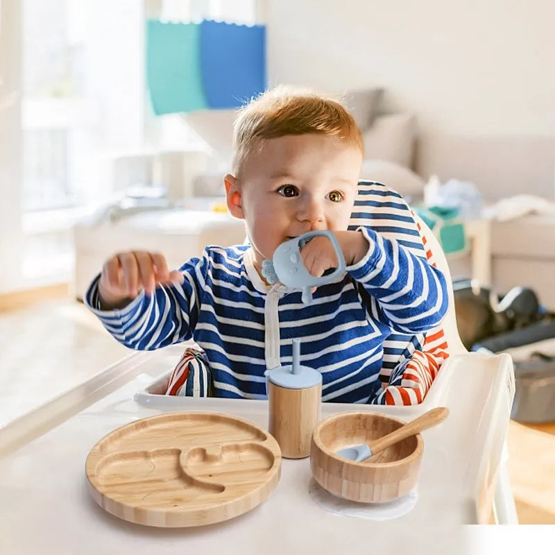 Wooden Dinner Plate Feeding Supplies Bamboo Baby Tableware Silicone Suction Plate Bowl BPA Free Baby Stuff Newborn Accessories The Little Baby Brand The Little Baby Brand