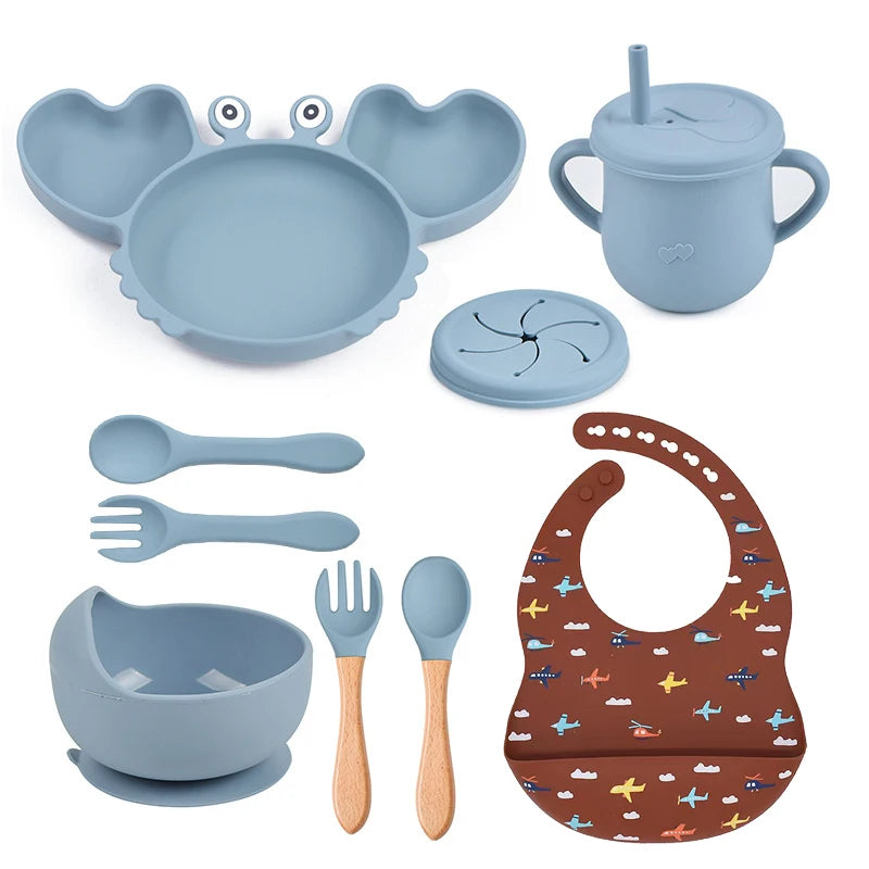 9Pcs Baby Silicone Non-Slip Suction Bowl Plate Spoon Waterproof Bib Cup Set Baby Crab Dishes Food Feeding Bowl for Kids BPA Free The Little Baby Brand The Little Baby Brand