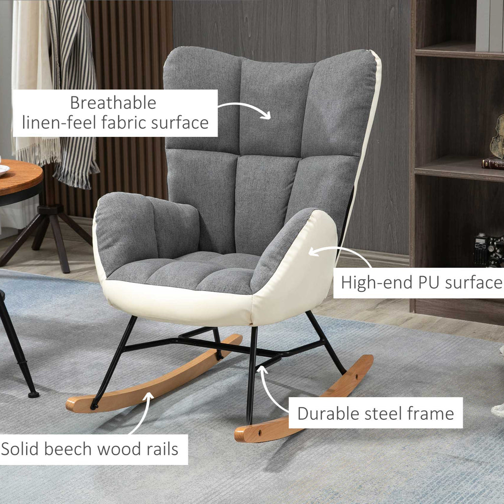 HOMCOM Rocking Chair for Nursery Upholstered Wingback Armchair Grey and Cream HOMCOM The Little Baby Brand