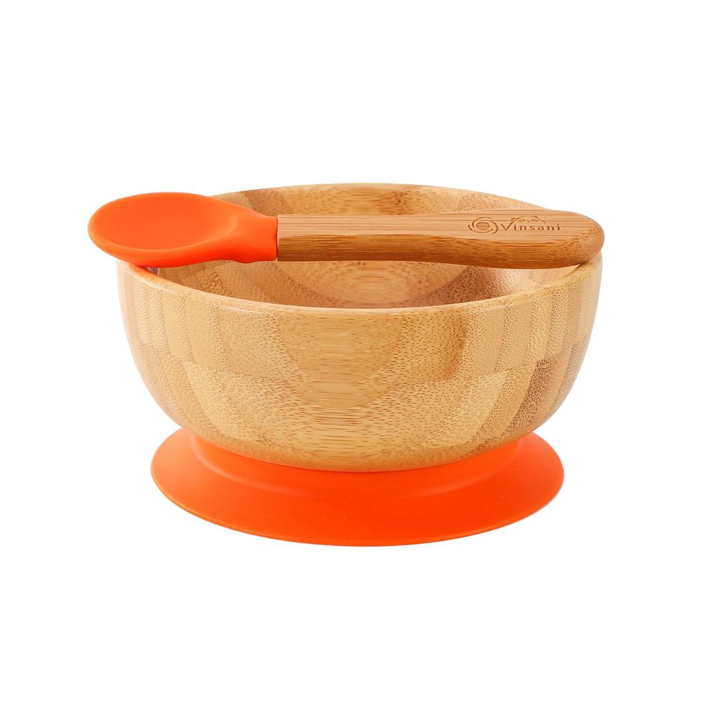 Baby Feeding Bamboo Bowl and Spoon Set Suction Plate Stay-Put Design Vinsani The Little Baby Brand