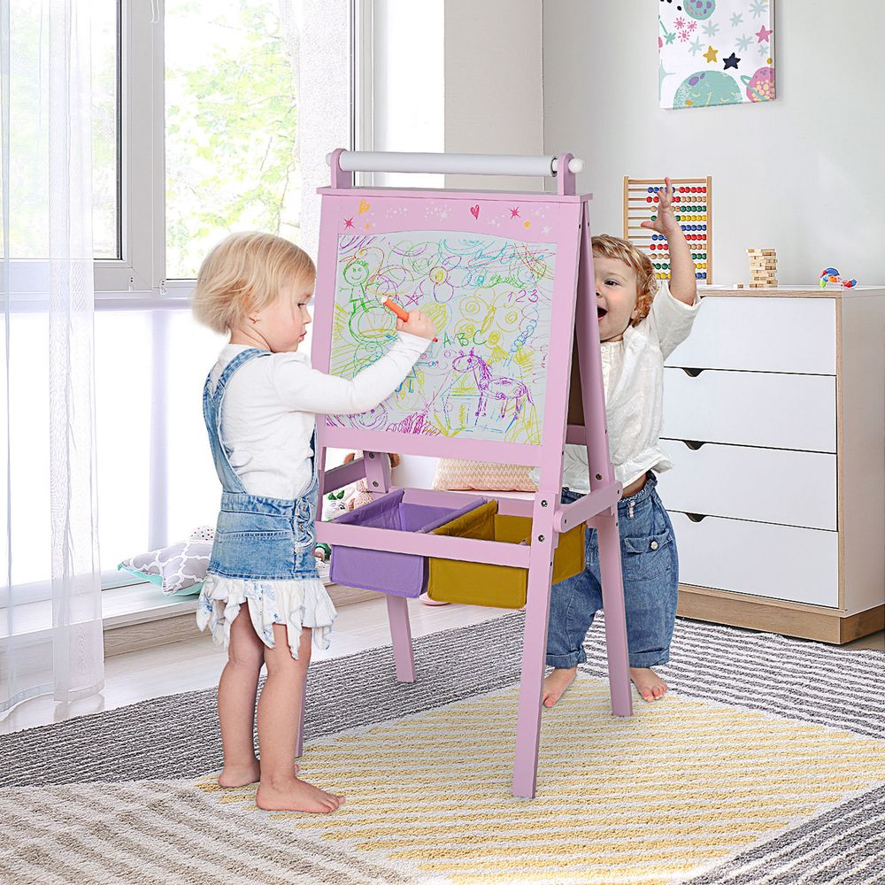 Kids Wooden Art Easel with Paper Roll Double-Sided Chalkboard, board HOMCOM Unbranded The Little Baby Brand