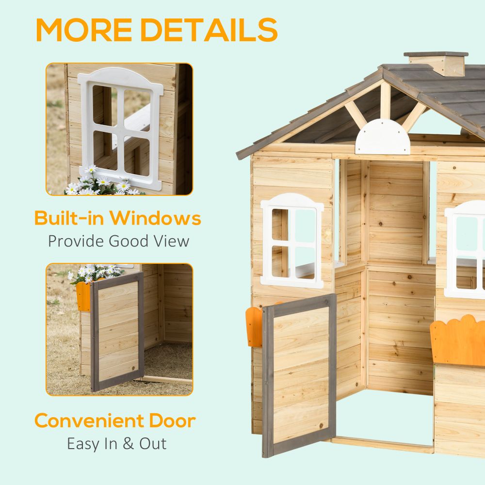 wooden playhouse Wooden Kids Playhouse with Window Boxes and Bench Outsunny The Little Baby Brand