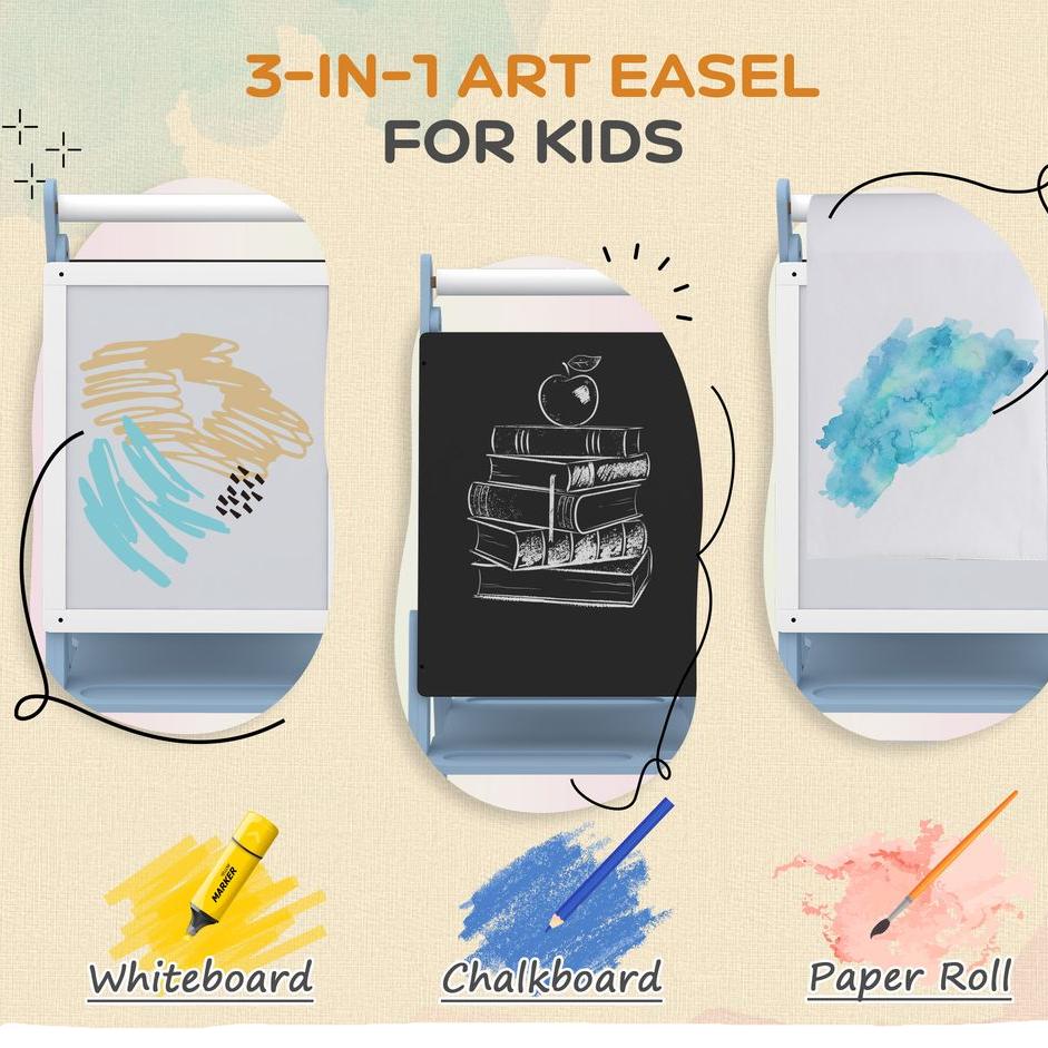 Art Easel for Kids, Double-Sided Whiteboard Chalkboard w/ Paper Roll - Blue AIYAPLAY The Little Baby Brand