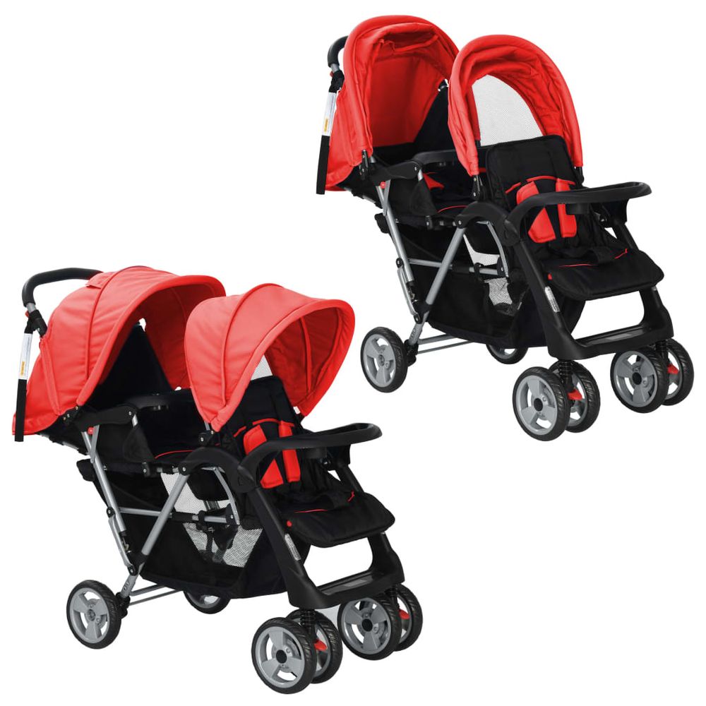 vidaXL Tandem Stroller Steel Red and Black vidaXL The Little Baby Brand