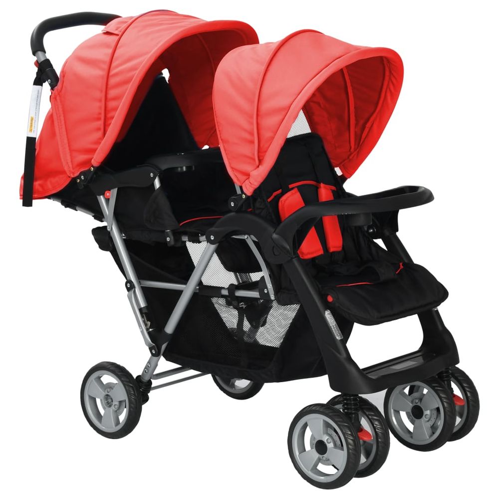 vidaXL Tandem Stroller Steel Red and Black vidaXL The Little Baby Brand