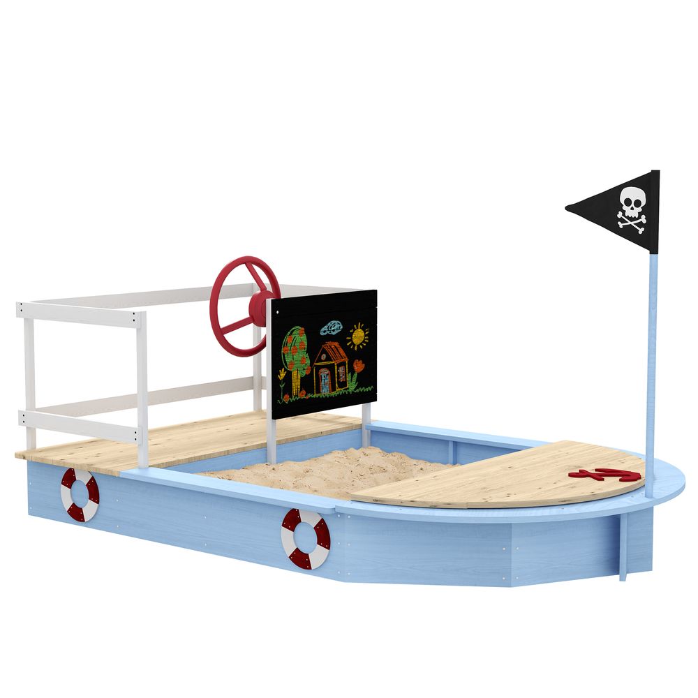 Outsunny Sand Pit with Blackboard, Flag, Storage Deck for Outdoor Play, Blue Outsunny The Little Baby Brand