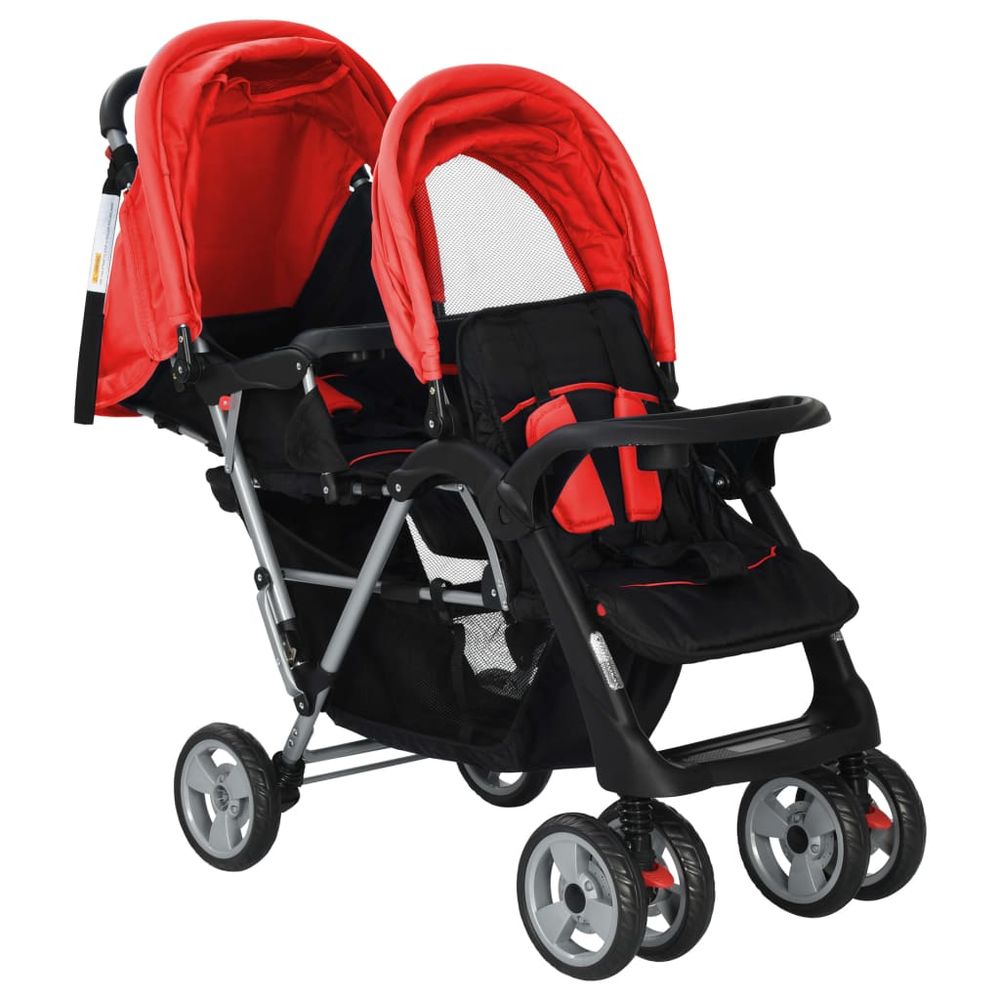 vidaXL Tandem Stroller Steel Red and Black vidaXL The Little Baby Brand