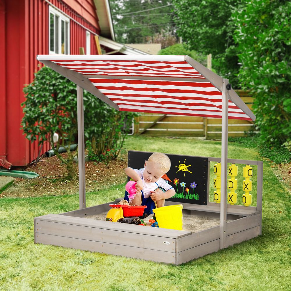 Outsunny Kids Wooden Sandpit, Sandbox w/ Canopy, Seats, for Gardens - Grey Outsunny The Little Baby Brand