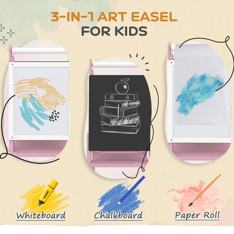 Art Easel for Kids, Double-Sided Whiteboard Chalkboard w/ Paper Roll - Pink AIYAPLAY The Little Baby Brand