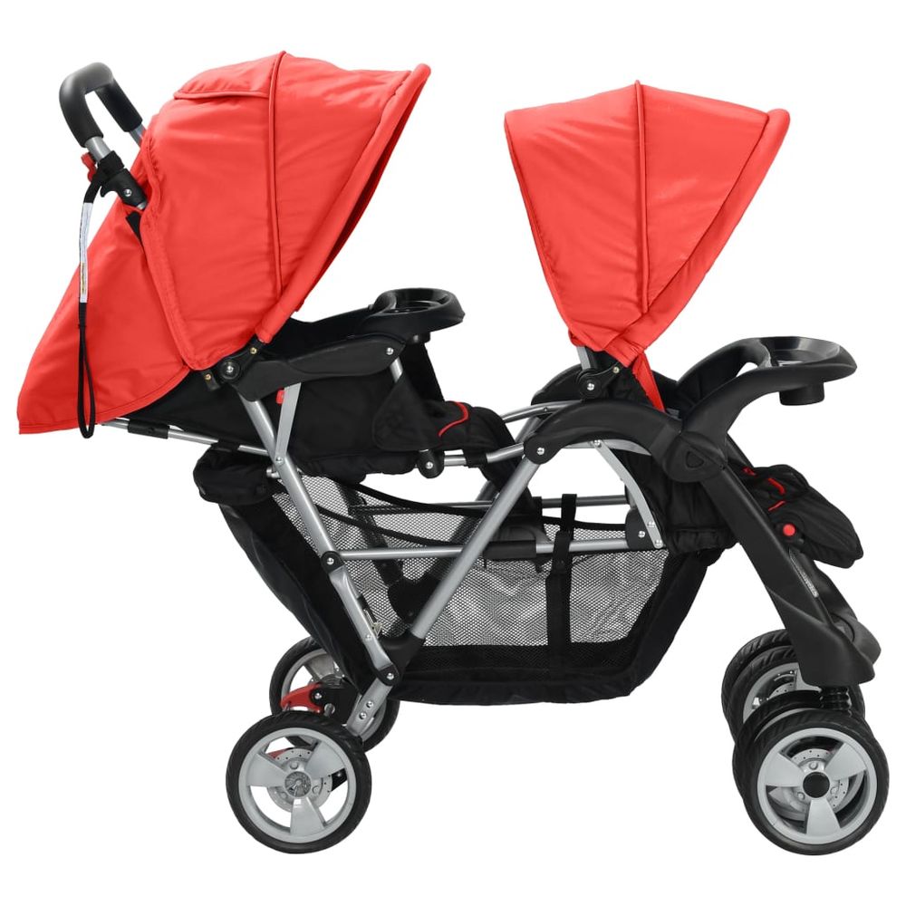 vidaXL Tandem Stroller Steel Red and Black vidaXL The Little Baby Brand