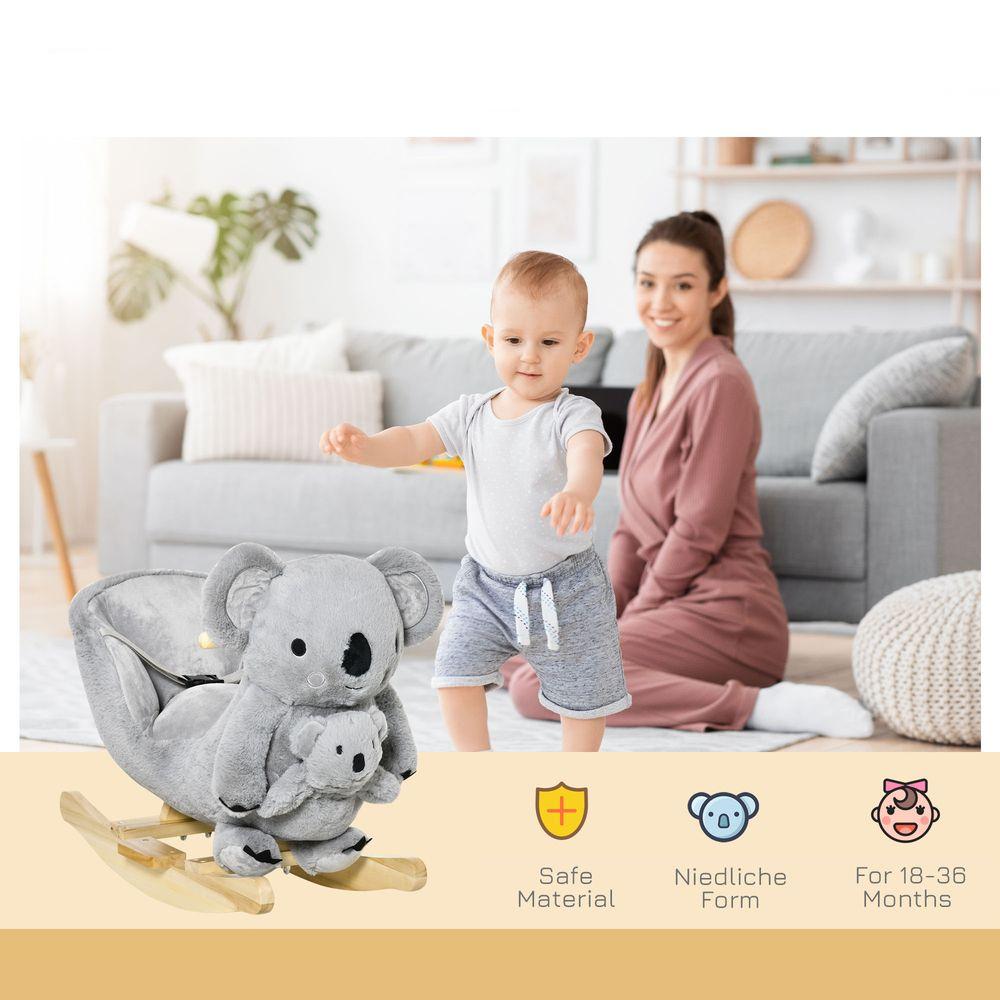 Kids Plush Ride-On Rocking Horse Koala-shaped Toy w/ Gloved Doll Grey HOMCOM The Little Baby Brand