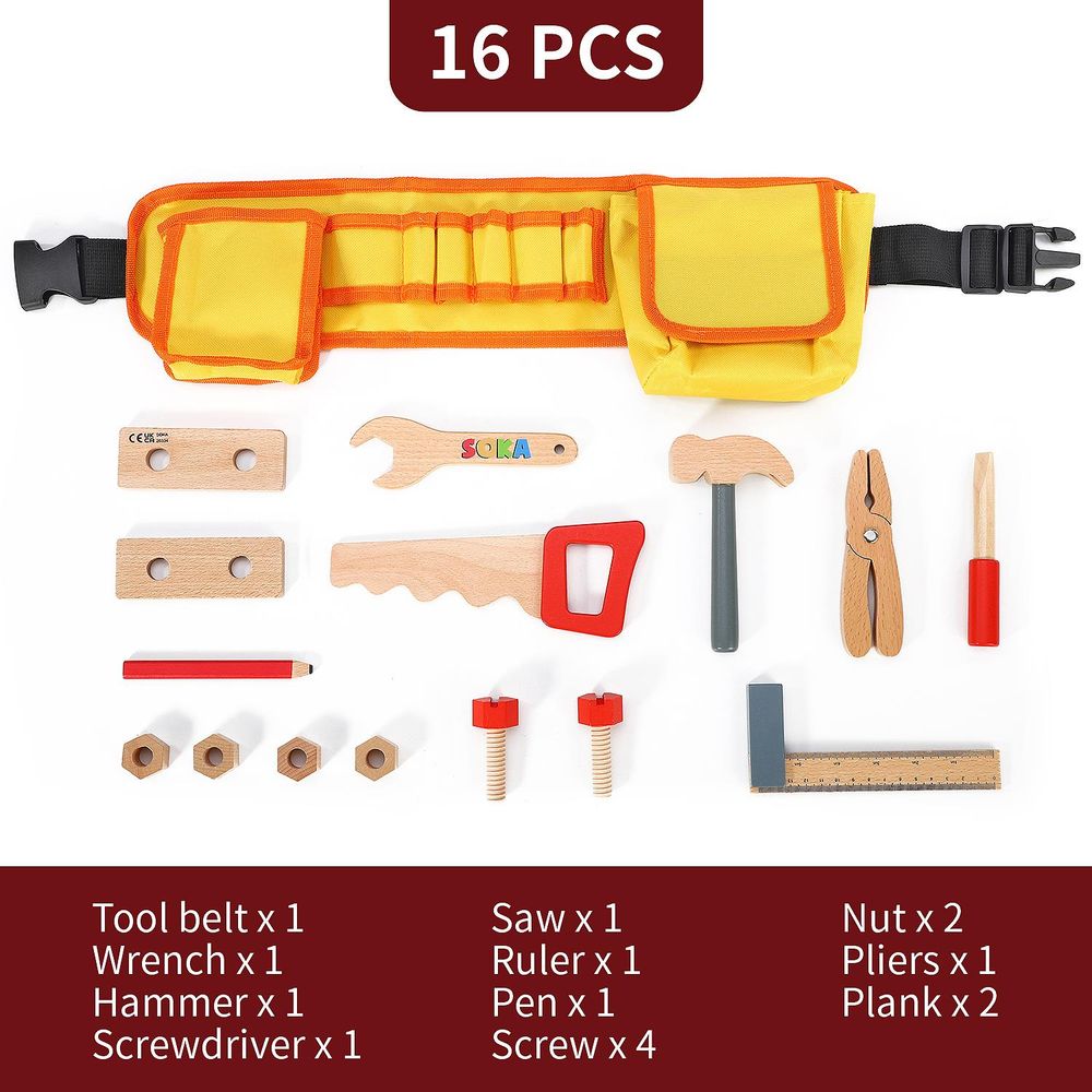 Wooden Toys Wooden Carpenter's Tool Belt with Wooden Tools SOKA Play Imagine Learn The Little Baby Brand