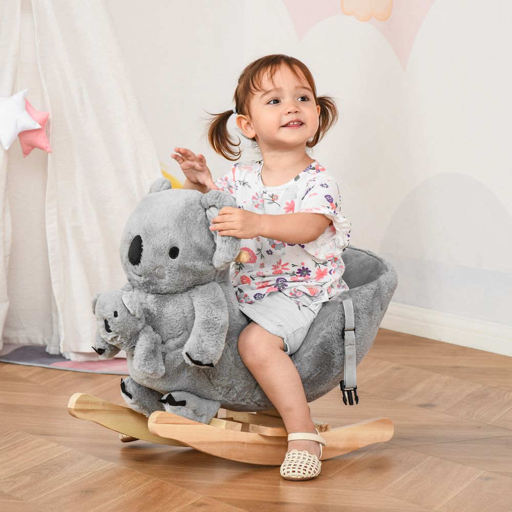 Kids Plush Ride-On Rocking Horse Koala-shaped Toy w/ Gloved Doll Grey HOMCOM The Little Baby Brand