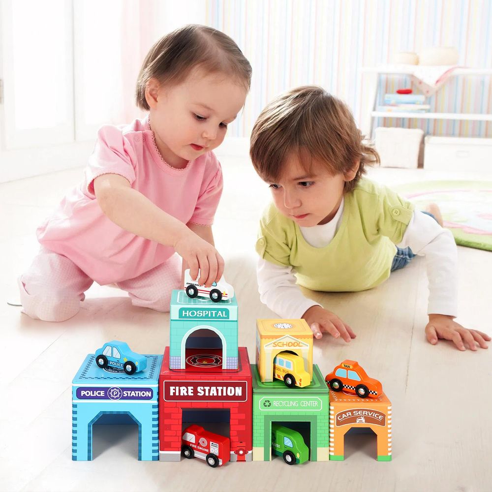 Wooden Toys 12pcs Wooden Stacking and Sorting Cubes: Buildings & Vehicles SOKA Play Imagine Learn The Little Baby Brand